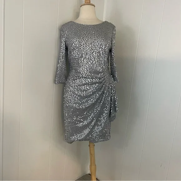 Alex Evenings | Dresses | Alex Evenings Silver Sequin 34 Sleeve Crew Neck  Knee Length Sheath Dress